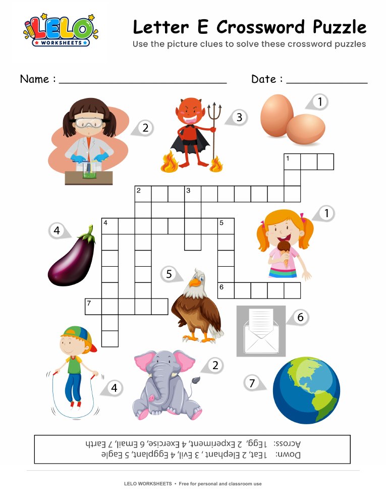 Letter E Crossword Puzzle Worksheet worksheet preview