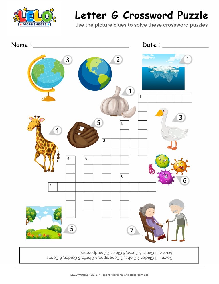 Letter G Crossword Puzzle Worksheet worksheet preview
