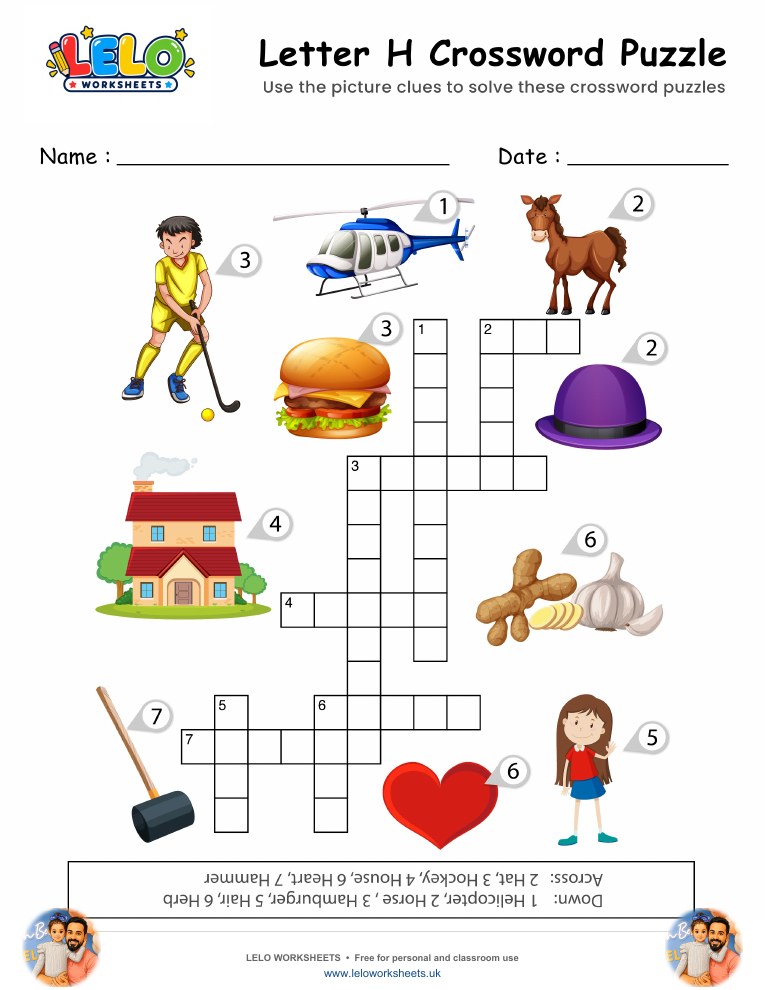 Letter H Crossword Puzzle Worksheet worksheet preview