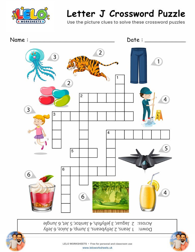 Letter J Crossword Puzzle Worksheet worksheet preview