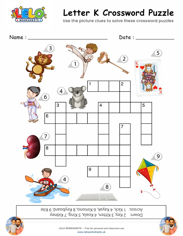 Letter K Crossword Puzzle Worksheet worksheet preview