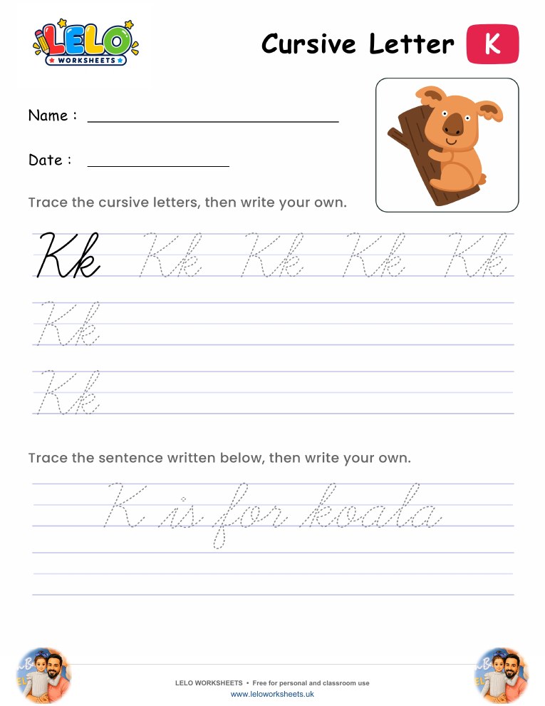 Letter K Cursive Writing Worksheet worksheet preview