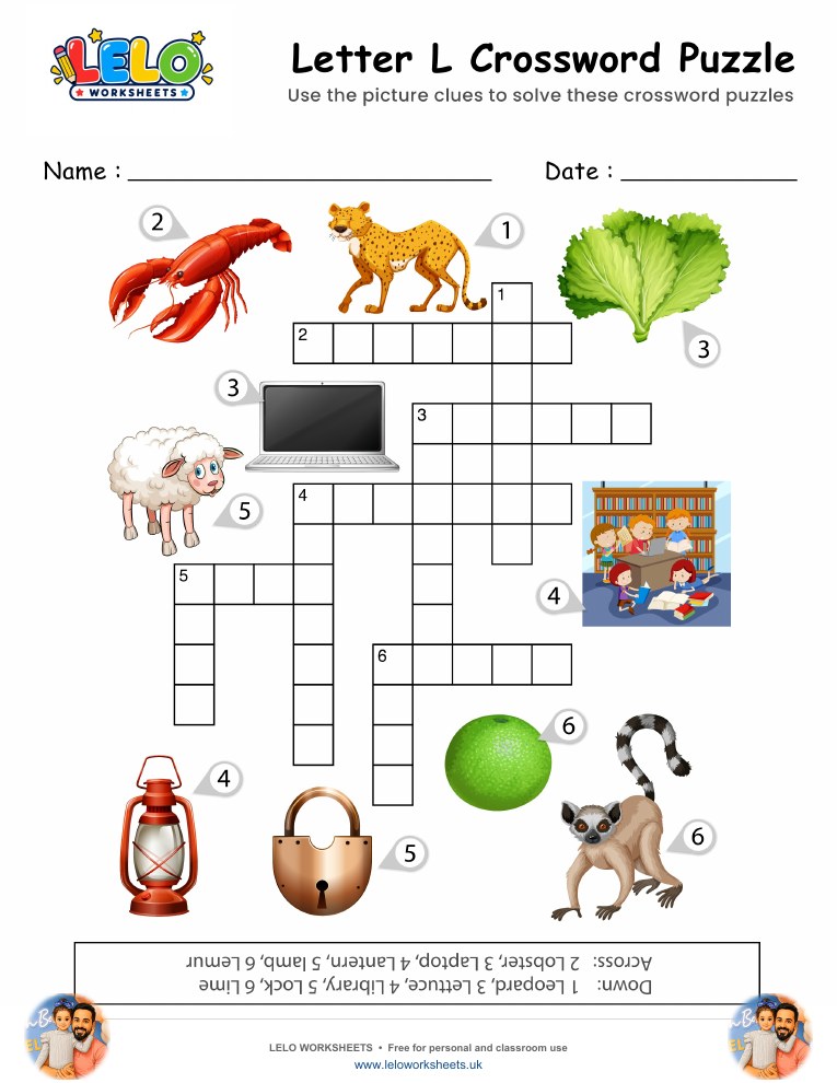Letter L Crossword Puzzle Worksheet worksheet preview
