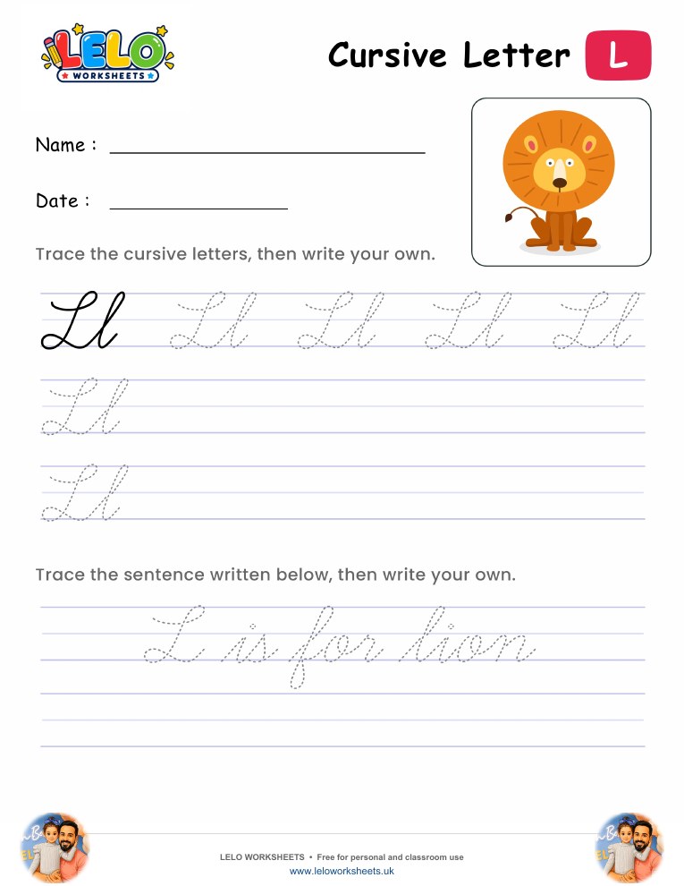 Letter L Cursive Writing Worksheet worksheet preview