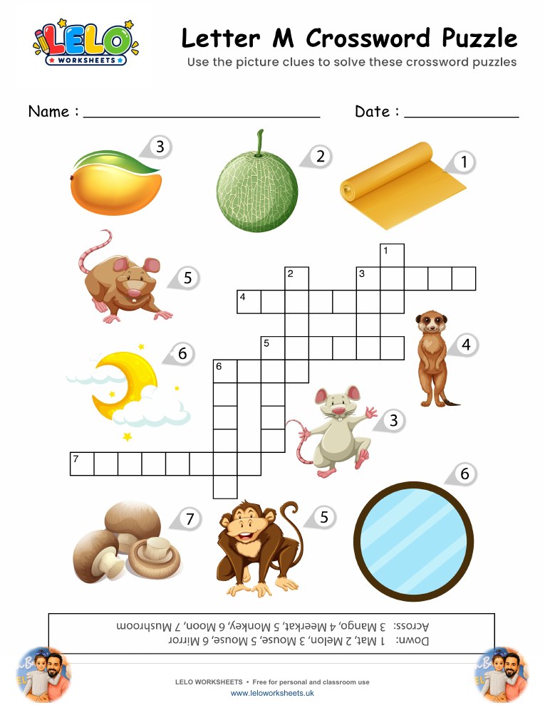 Letter M Crossword Puzzle Worksheet worksheet preview