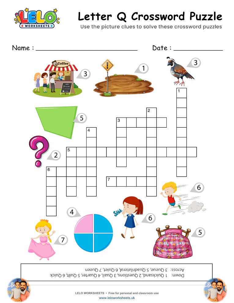 Letter Q Crossword Puzzle Worksheet worksheet preview