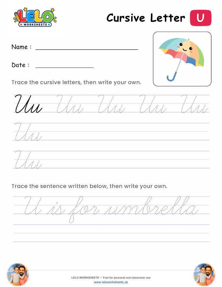 Letter U Cursive Writing Worksheet worksheet preview
