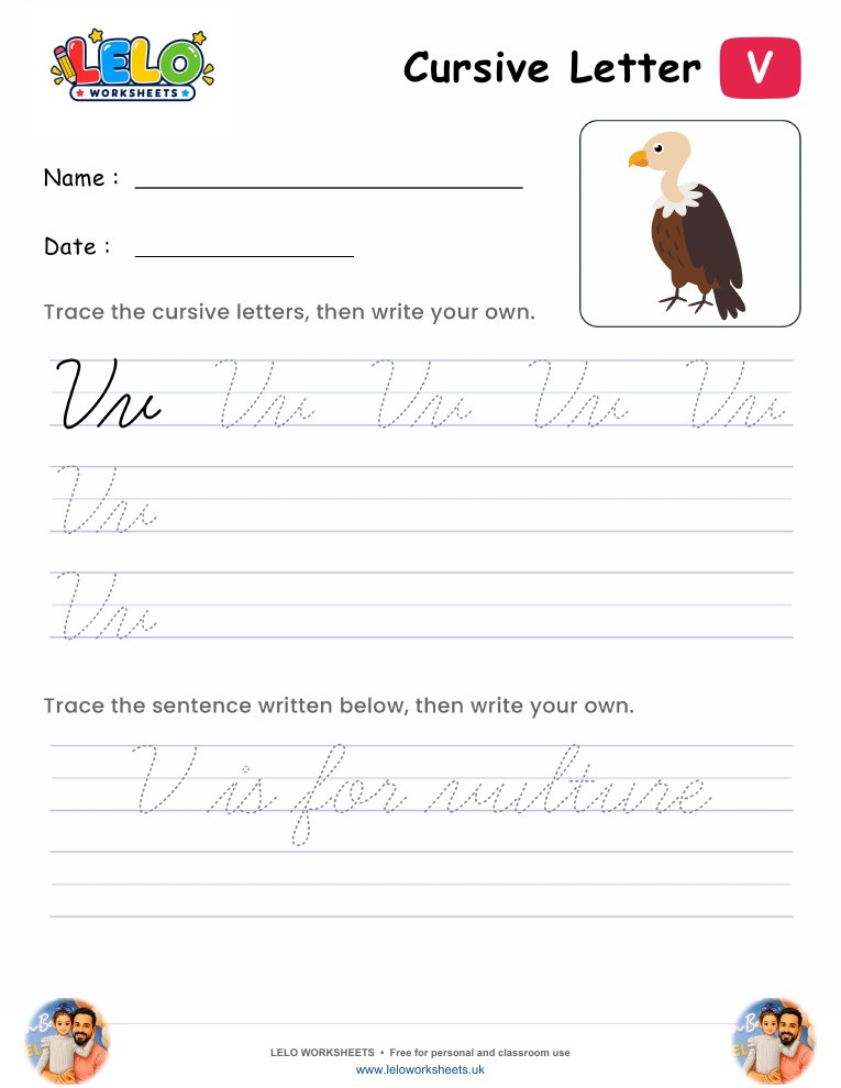 Letter V Cursive Writing Worksheet worksheet preview