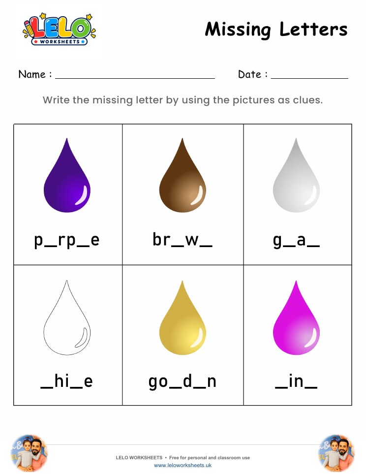 Missing Letters Colors Worksheet worksheet preview