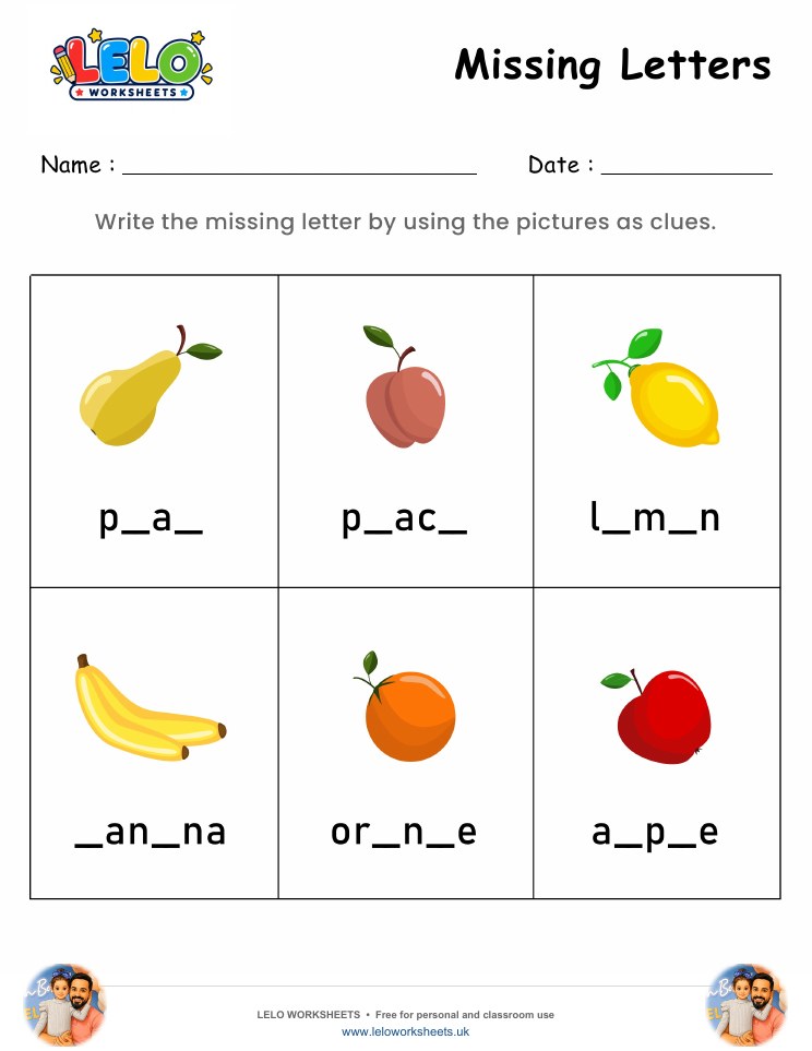 Missing Letters-Fruit Worksheet worksheet preview