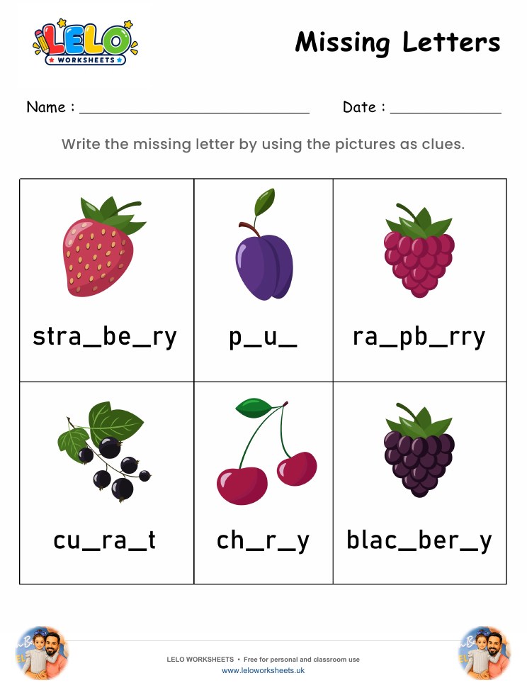 Missing Letters Fruit Worksheet worksheet preview