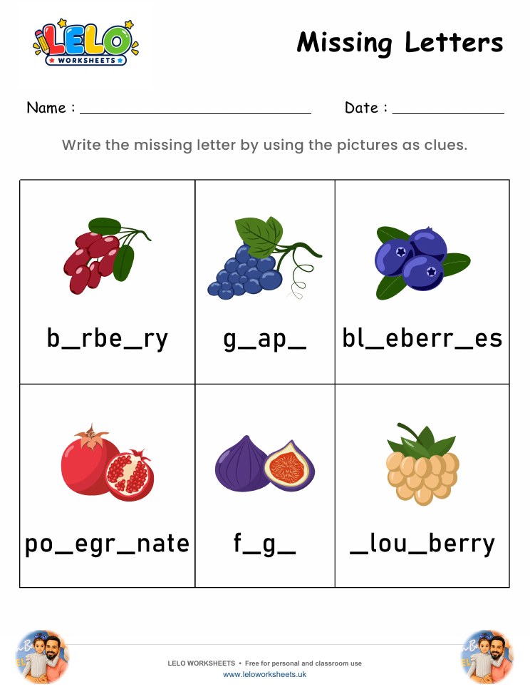Missing Letters-Fruits Worksheet worksheet preview
