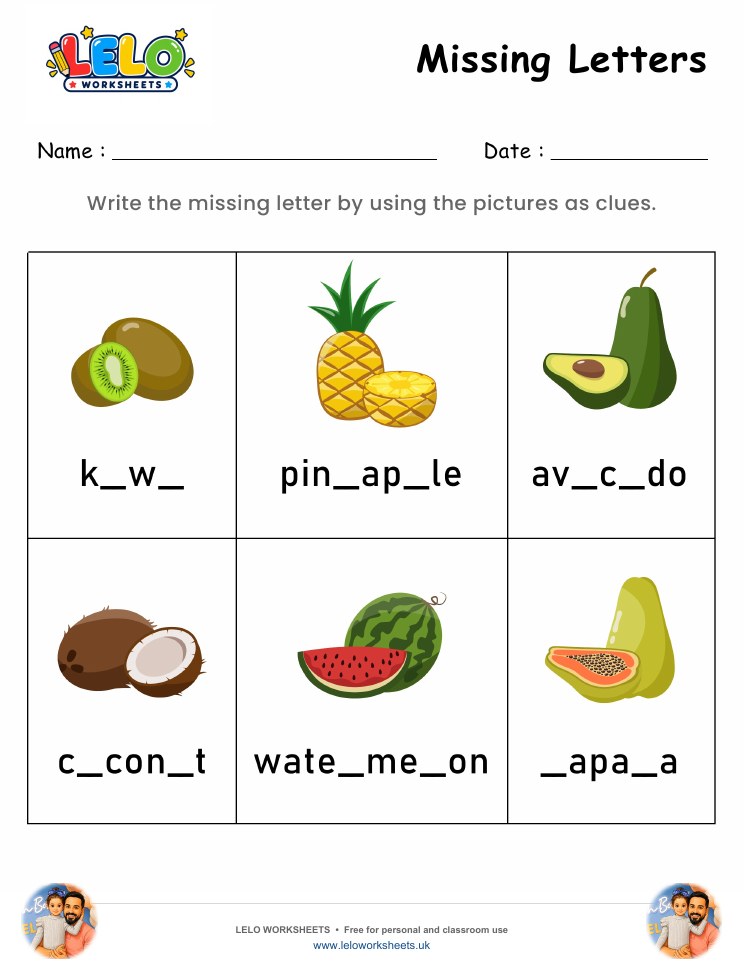 Missing Letters Fruits Worksheet worksheet preview