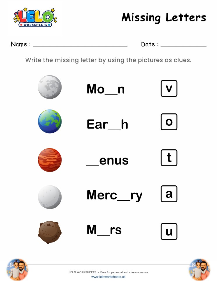 Missing Letters Planet Worksheet worksheet preview