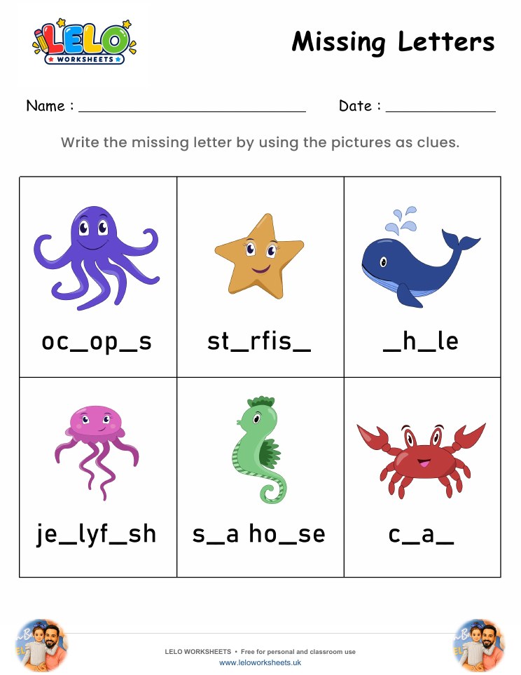Missing Letters Sea Animals Worksheet worksheet preview