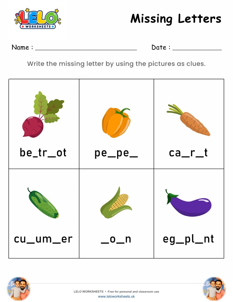 Missing Letters Vegetables Worksheet worksheet preview