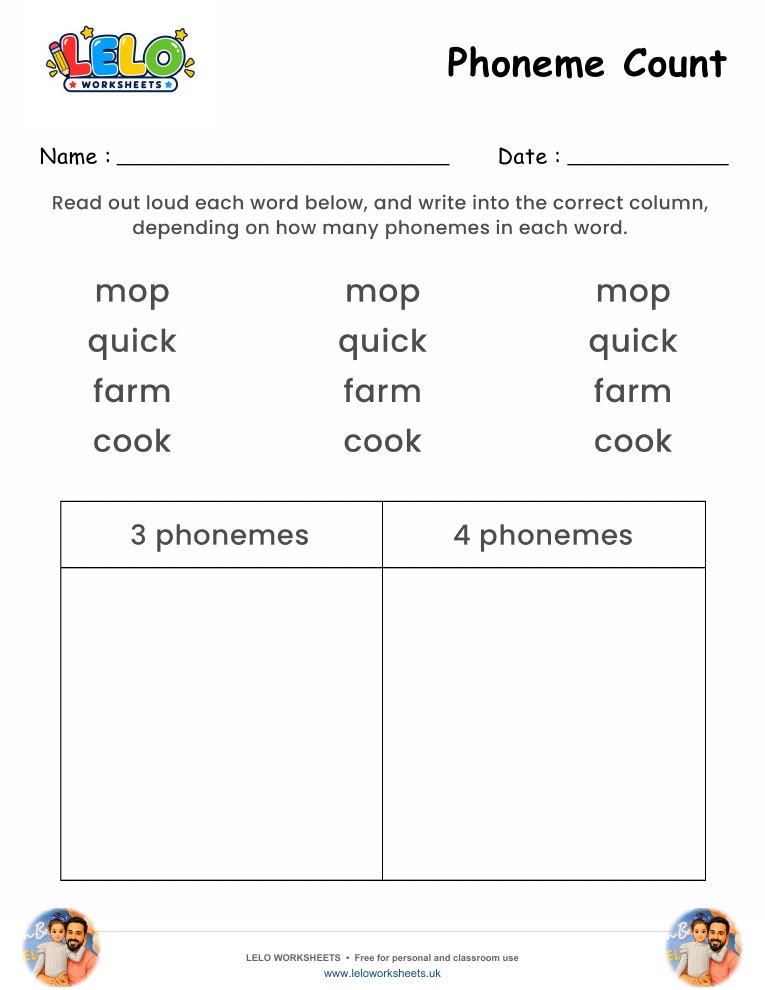 Phoneme Count Worksheet worksheet preview
