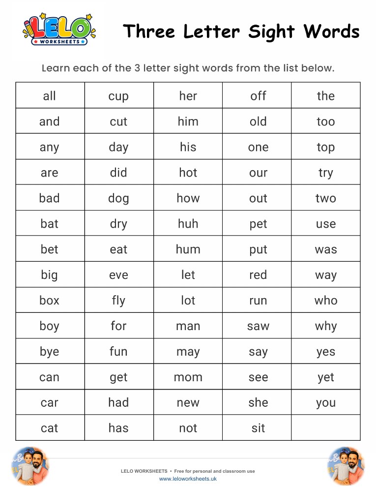 Three Letter Sight Words Worksheet worksheet preview