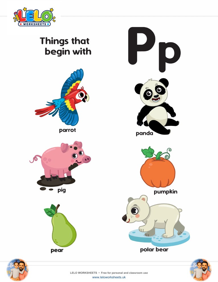 words that start with P Worksheet worksheet preview