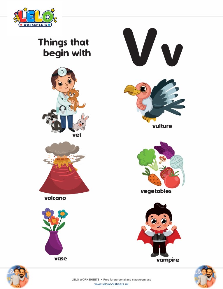 words that start with V Worksheet worksheet preview