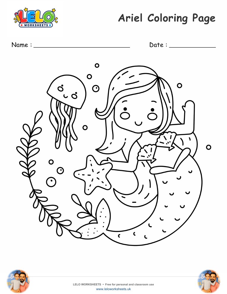 Ariel coloring page worksheet preview