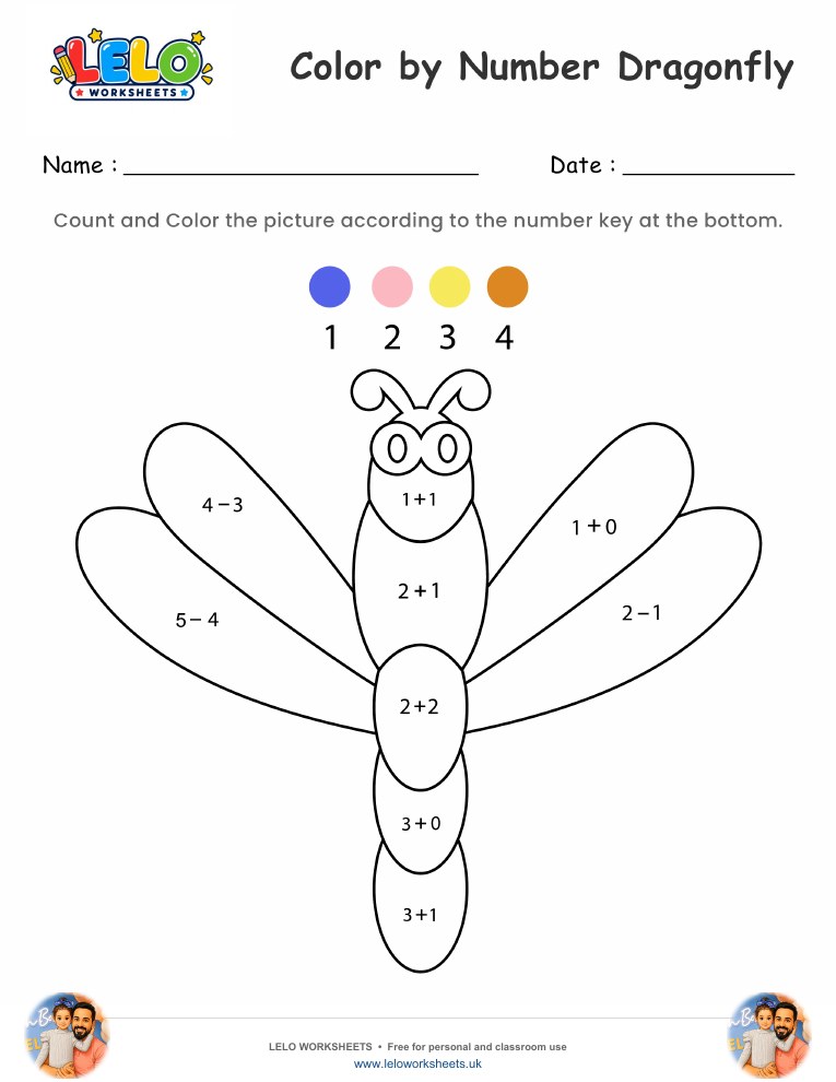 Color by Number Dragonfly worksheet preview
