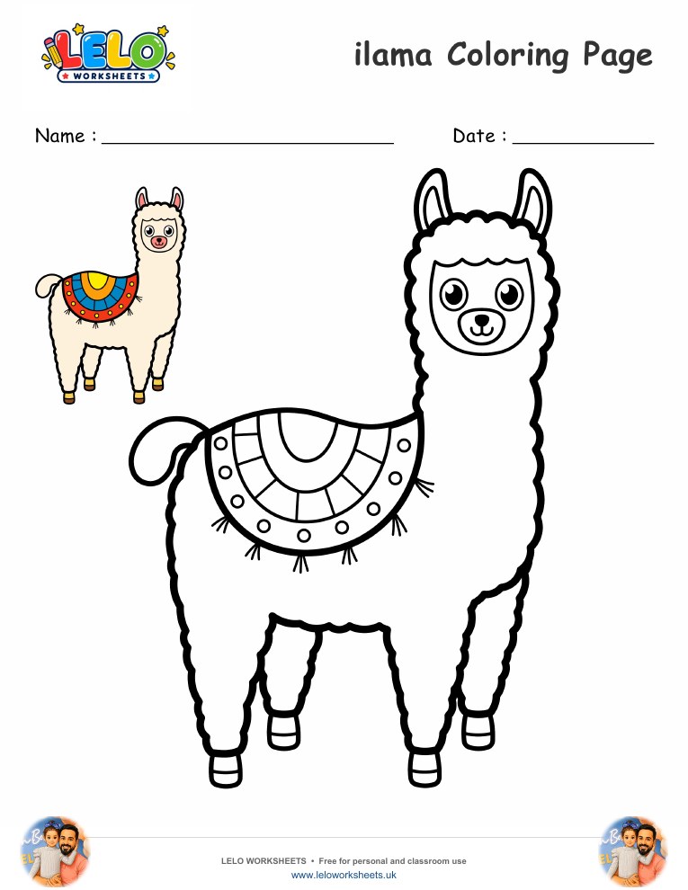 Llama coloring page worksheet preview