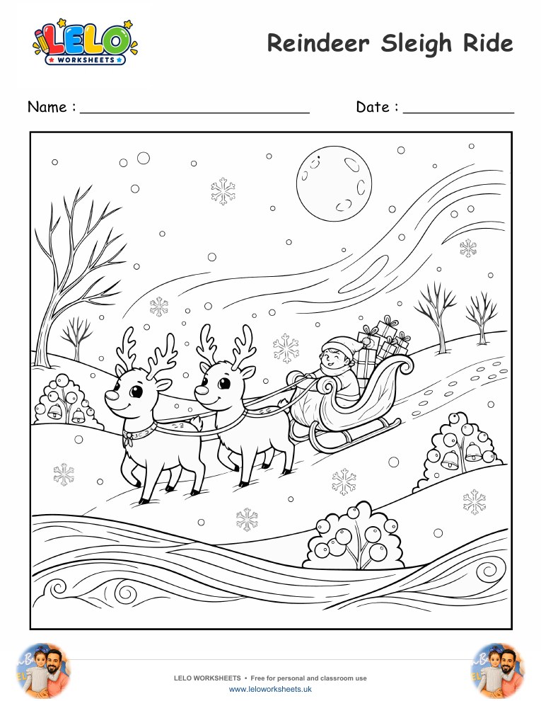 Reindeer Sleigh Ride coloring page worksheet preview