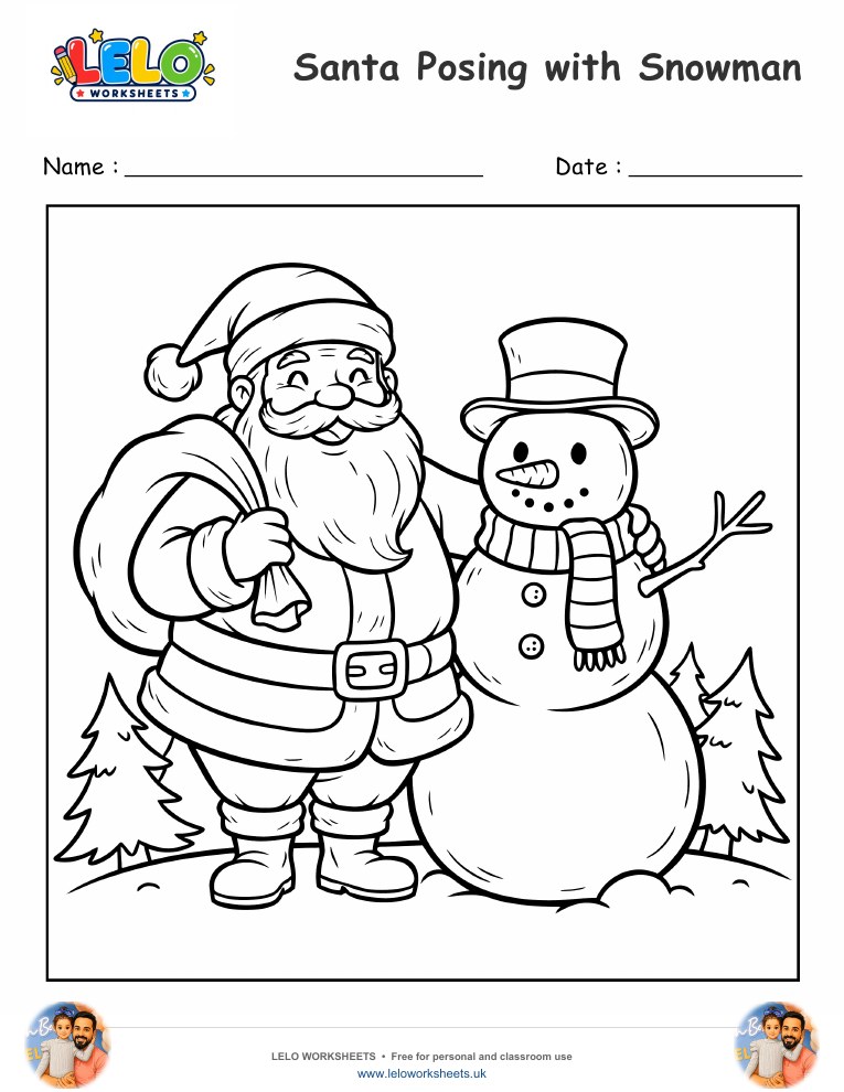 Santa Posing with a Snowman coloring page worksheet preview