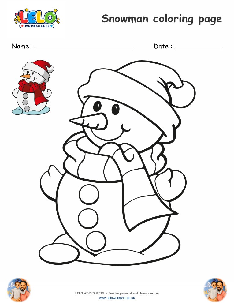 Snowman coloring page worksheet preview