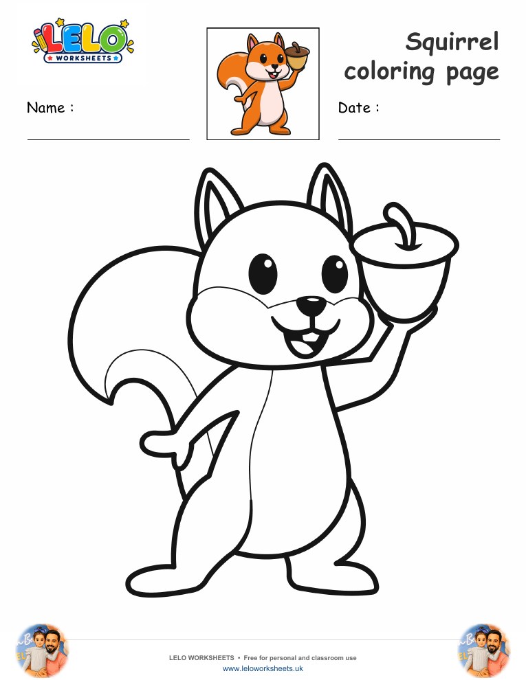 Squirrel coloring page worksheet preview