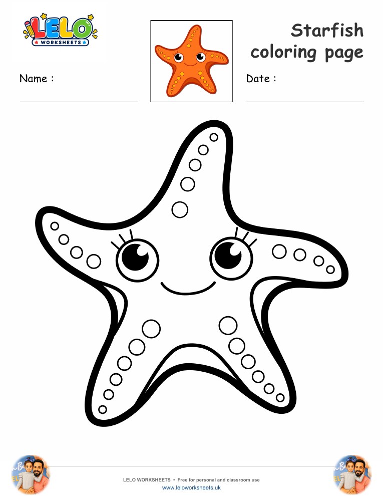 Starfish coloring page worksheet preview