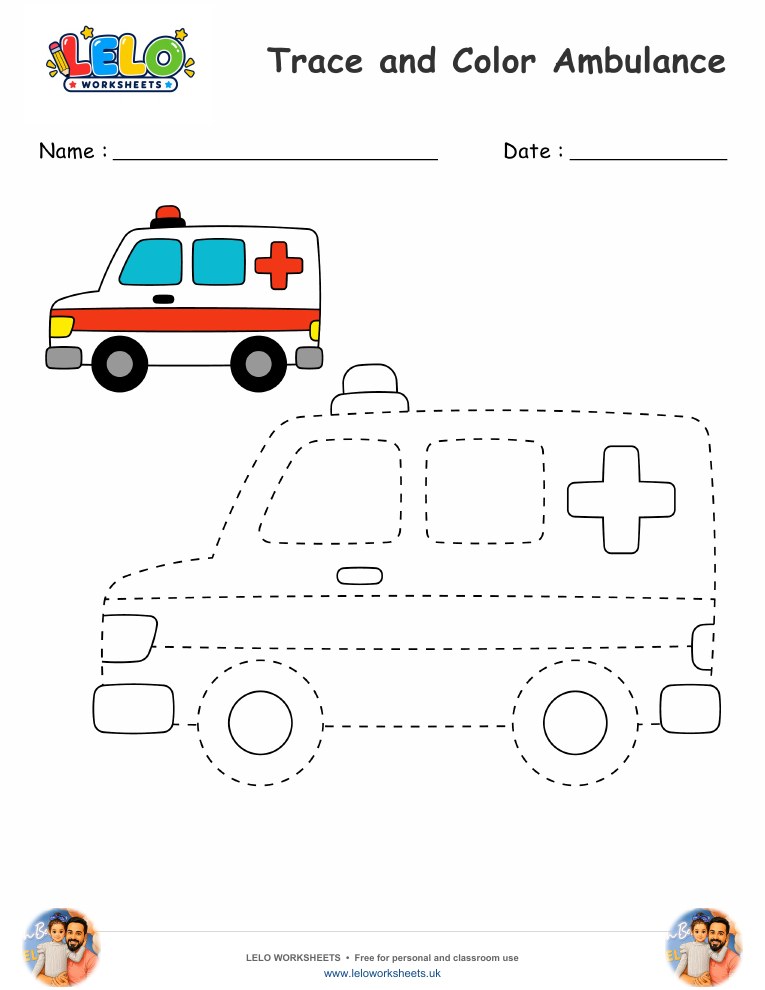 Trace and Color Ambulance worksheet worksheet preview