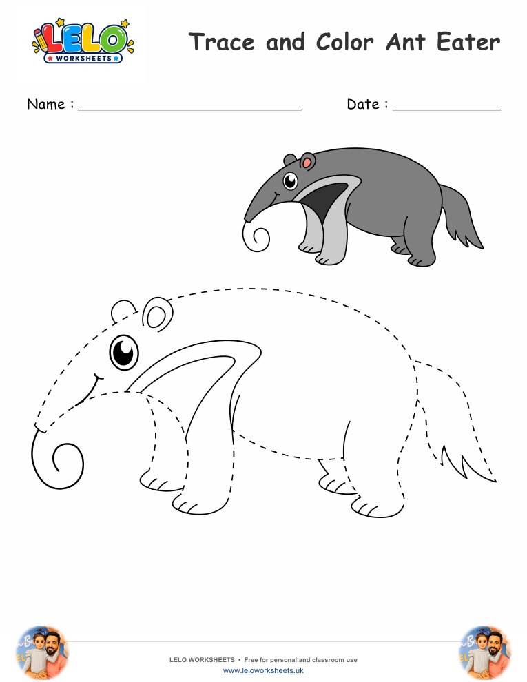 Trace and Color Ant Eater worksheet worksheet preview
