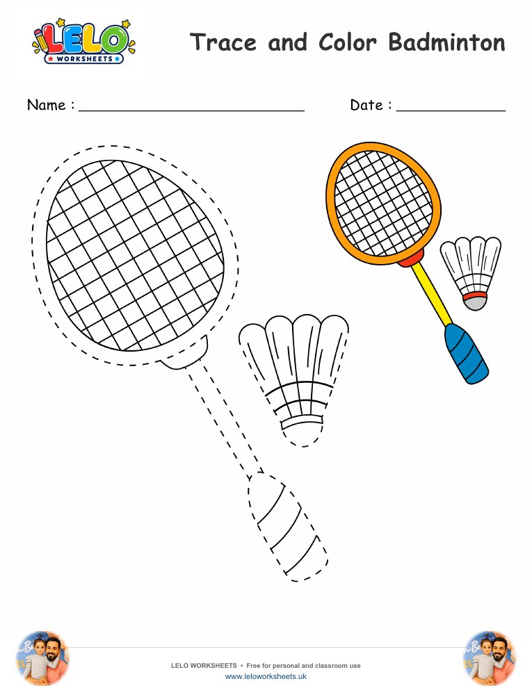 Trace and Color Badminton worksheet worksheet preview