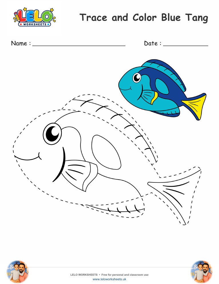 Trace and Color Blue Tang Fish worksheet worksheet preview