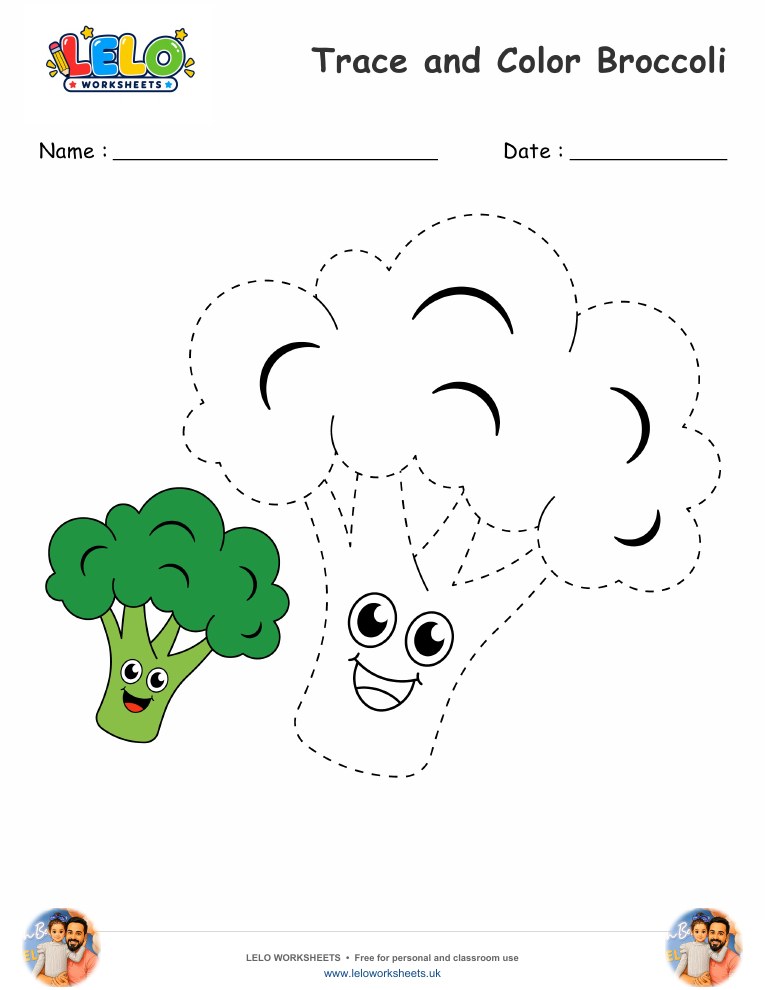 Trace and Color Broccoli worksheet worksheet preview