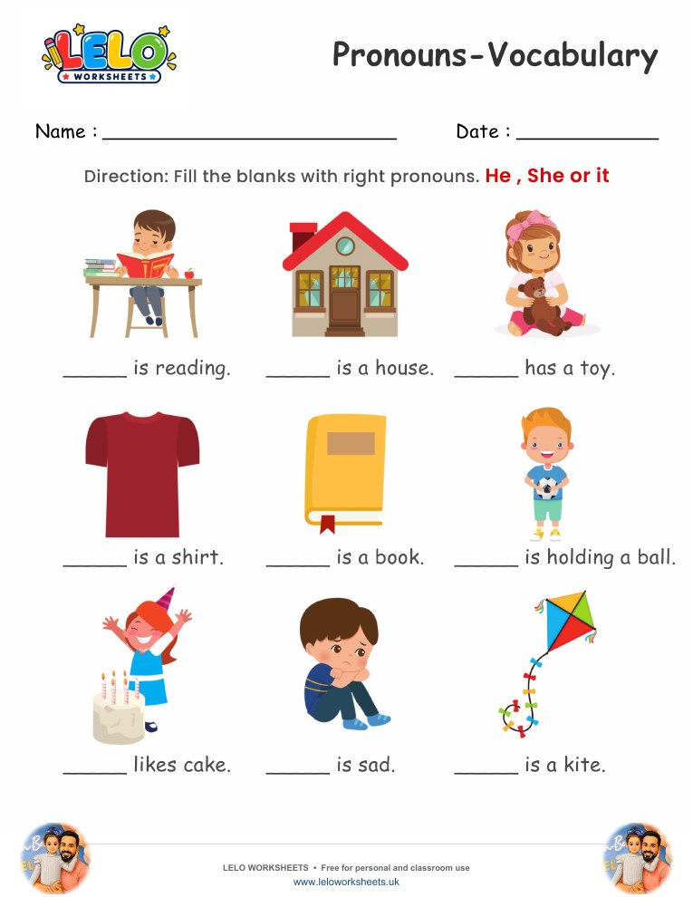 Pronouns Vocabulary Worksheet worksheet preview