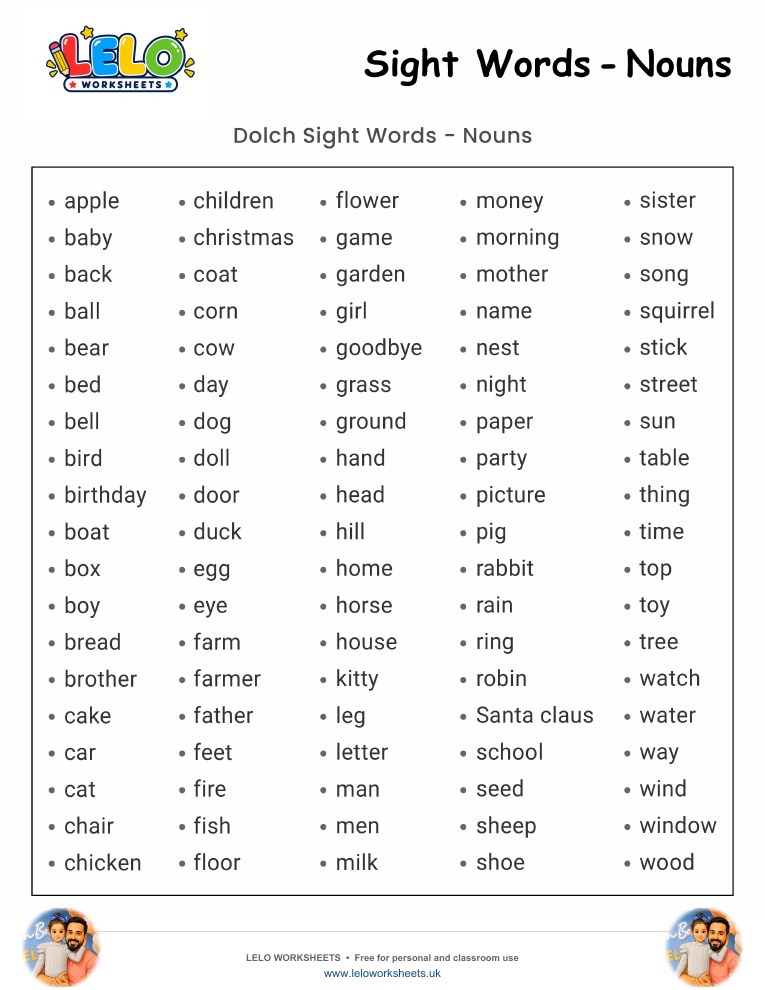 Sight Words Nouns Worksheet worksheet preview