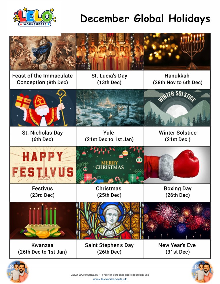 December Global Holidays worksheet preview