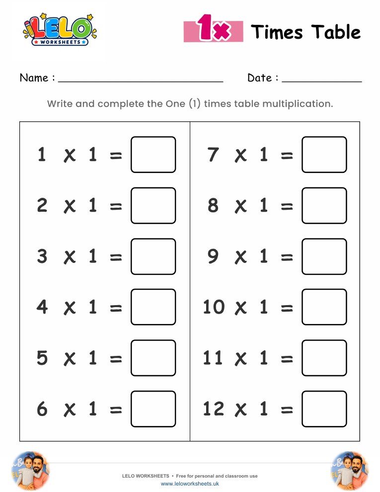 1 Times Table Worksheet worksheet preview