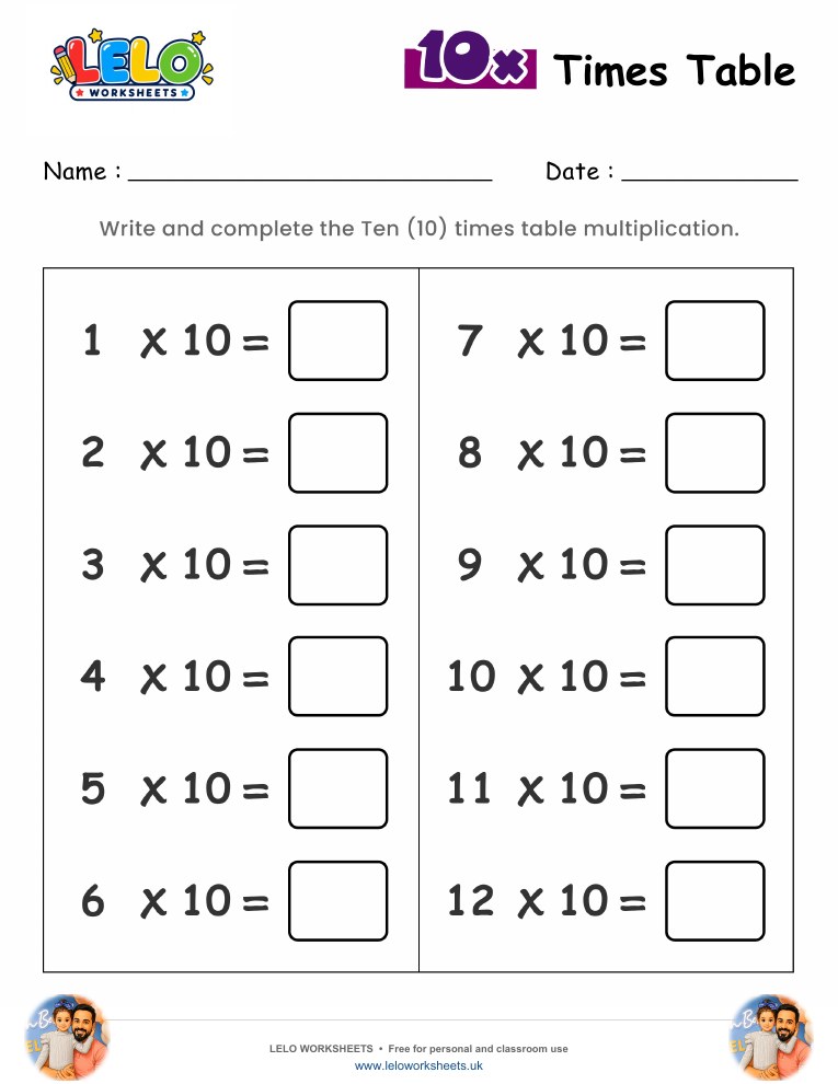 10 Times Table Worksheet worksheet preview