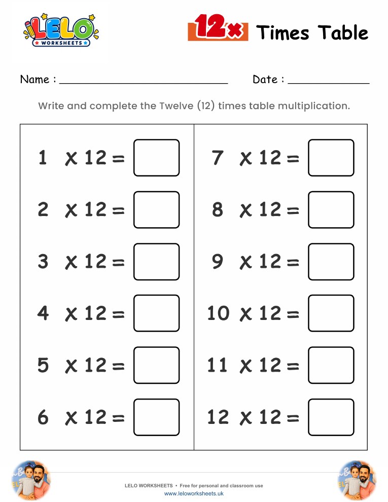 12 Times Table Worksheet worksheet preview