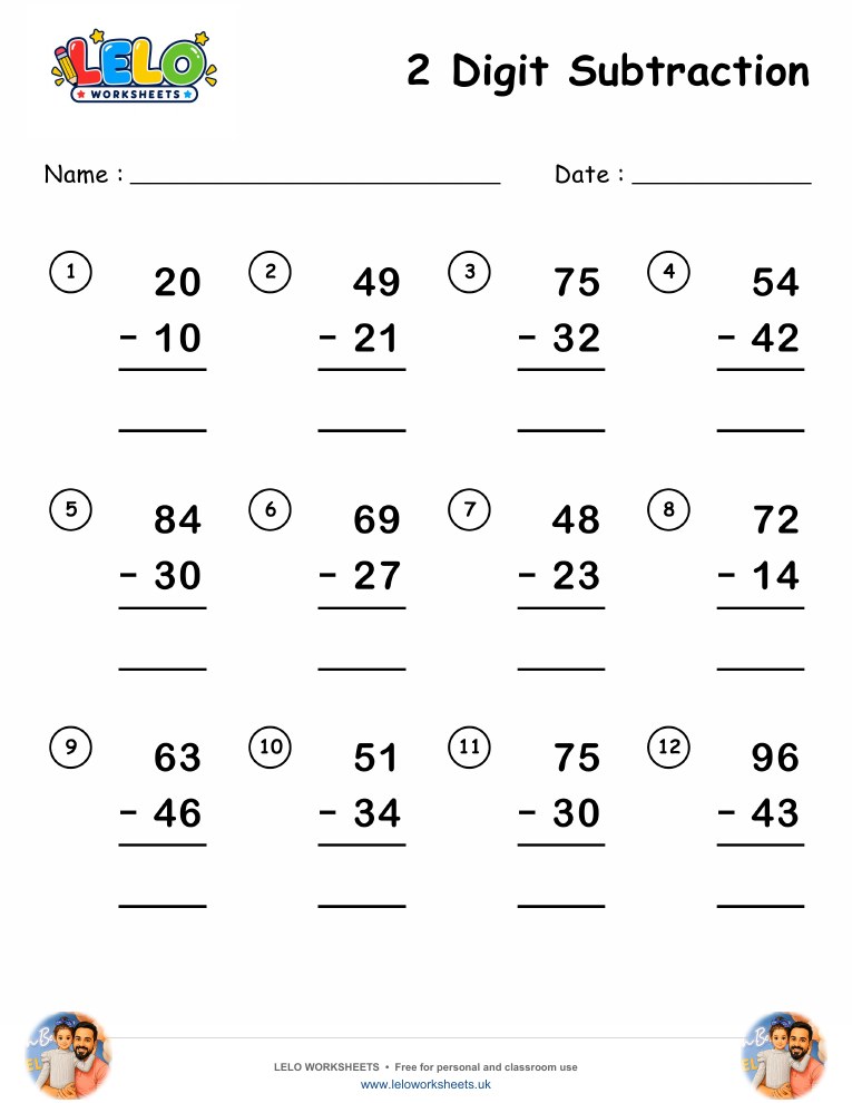 2 Digit Subtraction Worksheet worksheet preview