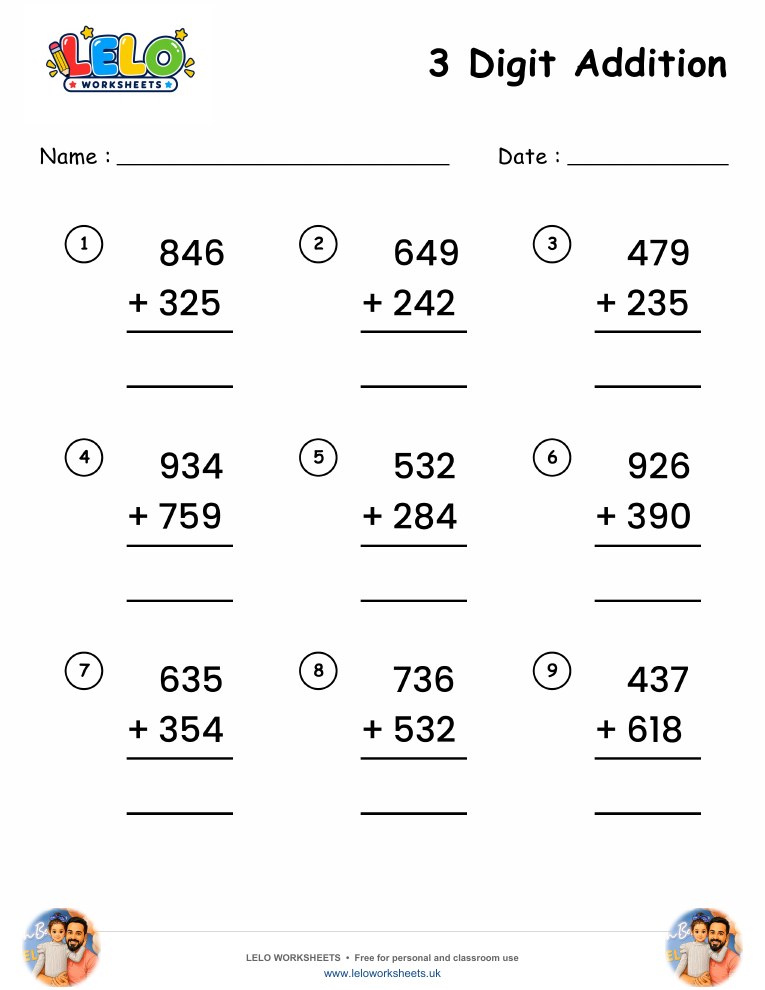 3 Digit Addition Worksheet worksheet preview