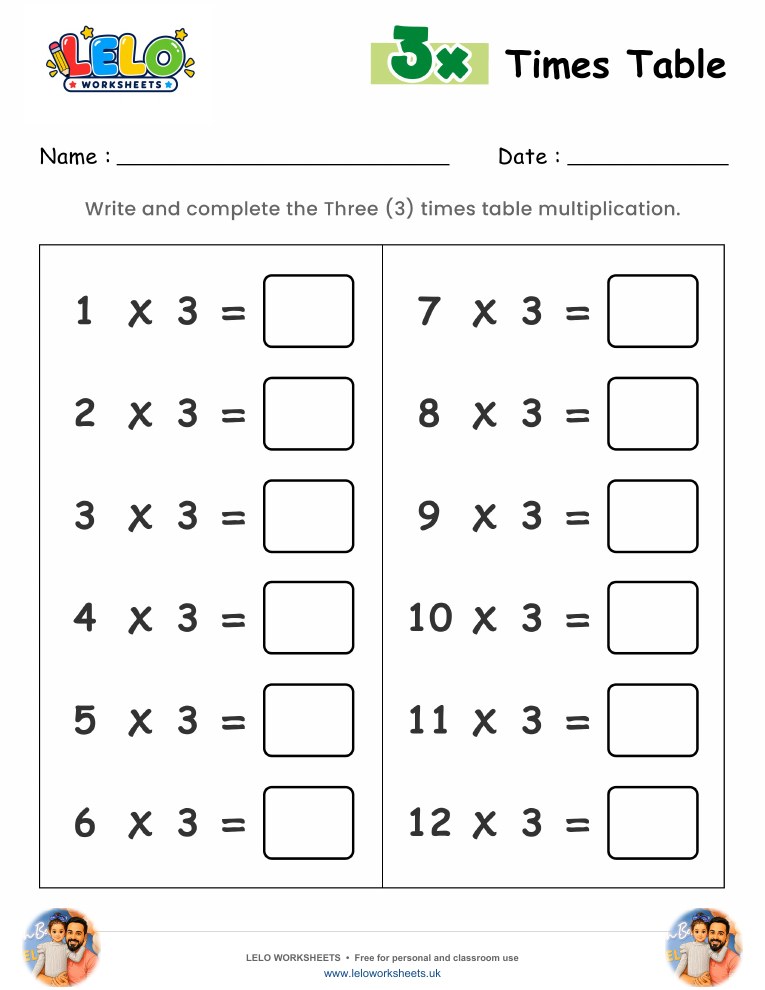 3 Times Table Worksheet worksheet preview
