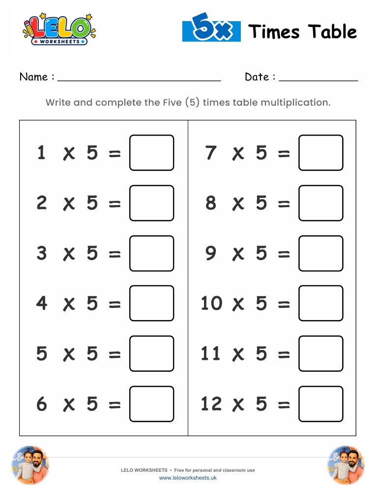5 Times Table Worksheet worksheet preview