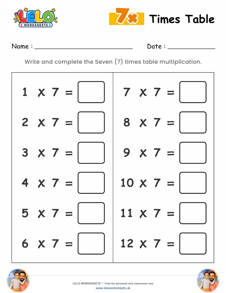 7 Times Table Worksheet worksheet preview