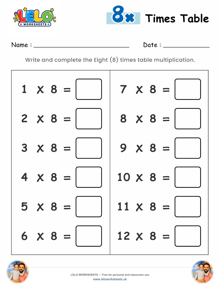 8 Times Table Worksheet worksheet preview