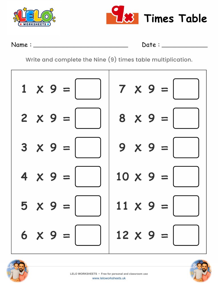 9 Times Table Worksheet worksheet preview